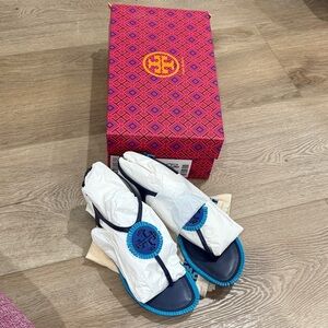 Tory Burch Navy and Teal Sandals Miller Fringe Sandals